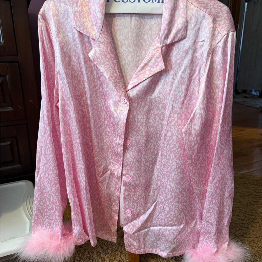 Linea Donatella Pink Satin Pajama Top with Feather Cuffs
